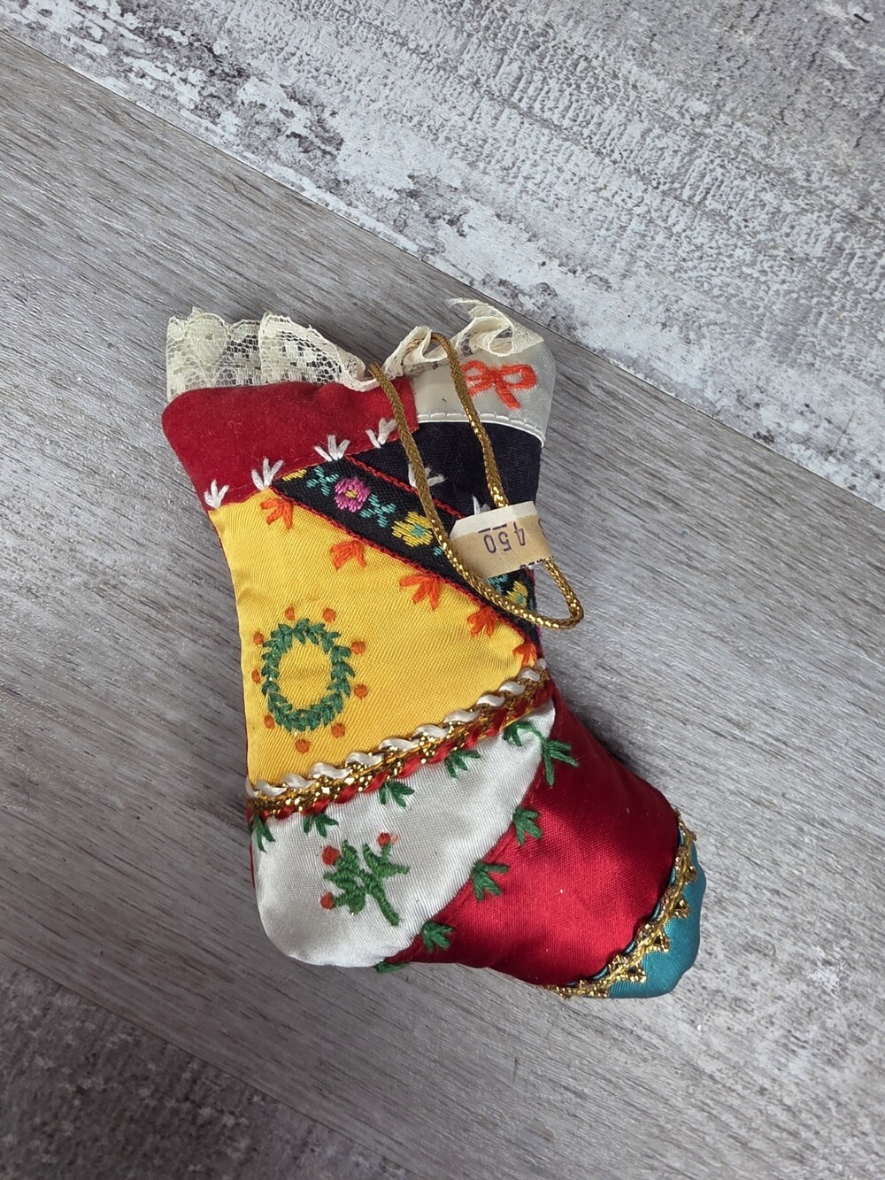 Vtg Handmade Crazy Quilt Satin Christmas Stocking Ornament Folk Art 4.5" 168a